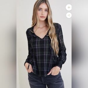 Bella Dahl Garden Plaid Tie Neck Pullover Shirt